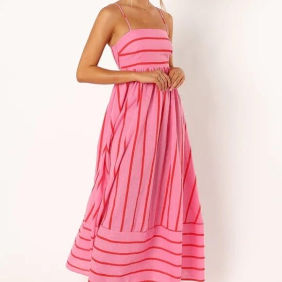 Women's Striped Maxi Dress Cotton Blend Sleeveless Cutout Flowing - Picture 7 of 7